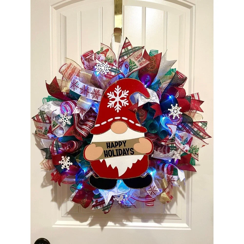 Christmas Snowflake Gnome Holiday Ribbon Door Wreath Handmade 22 ins LED W7